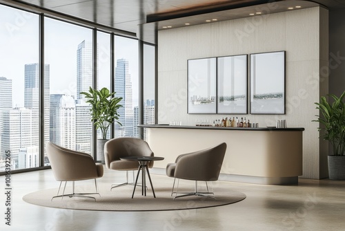 Modern office lounge with bar, chairs and a city view. photo