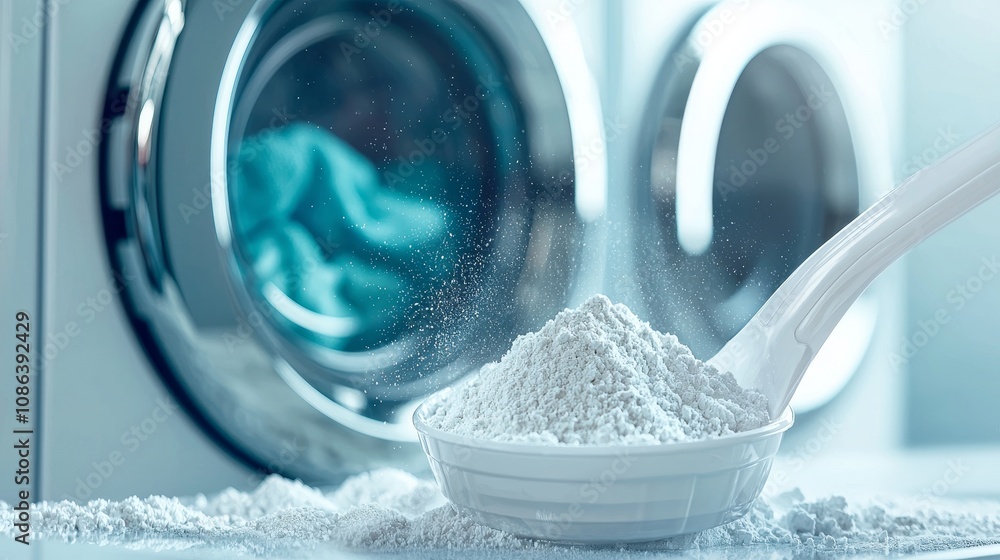 Fine-textured detergent powder cascading from a plastic scoop into a pristine washing machine drawer, bright, organized laundry room Fine-textured detergent powder cascading from a plastic scoop into a pristine washing machine drawer, bright, organized laundry room