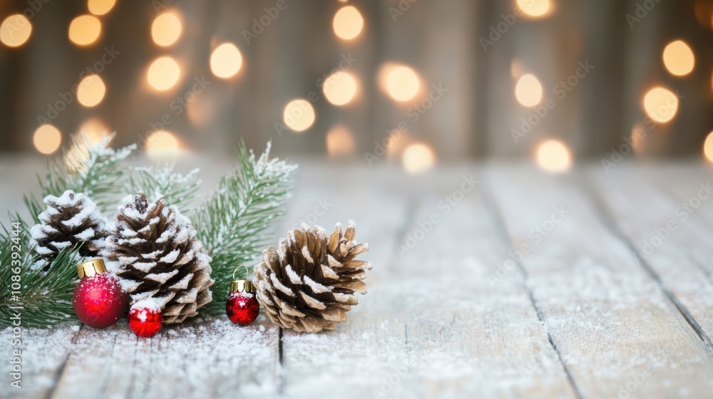 Festive ornaments and pine cones are artistically arranged on a wooden table, accompanied by sparkling holiday lights in the background Festive ornaments and pine cones are artistically arranged on a wooden table, accompanied by sparkling holiday lights in the background