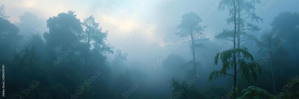 Misty morning forest with blended foliage and skies of soft blues and greens, natural scenery, blurred foliage, gentle atmosphere Misty morning forest with blended foliage and skies of soft blues and greens, natural scenery, blurred foliage, gentle atmosphere