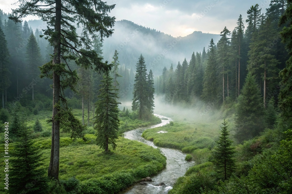 Fototapeta premium Misty morning in a dense green forest with towering trees and a winding stream, stream, wilderness, trees, water, vegetation