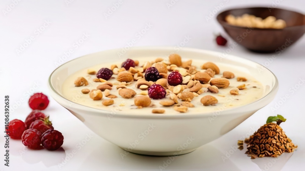 muesli with yogurt and berries,dessert with whipped cream muesli with yogurt and berries,dessert with whipped cream