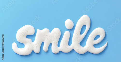 Word 'Smile" written with shampoo foam. Beauty, medicine, skin care, dental promo concept. Lotion/Shampoo smear text cut out. 