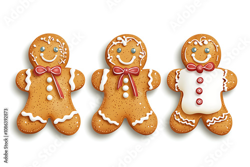 Three decorative gingerbread cookies with festive designs and cheerful expressions.