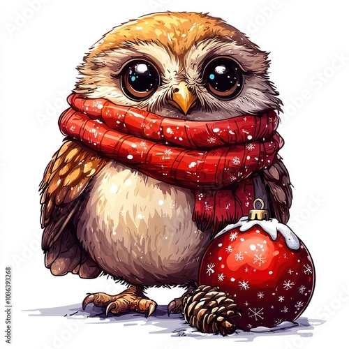 Cute Owl in Red Scarf with Christmas Ornament photo