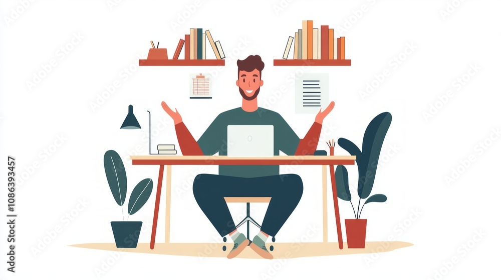 Happy Man Working at Home Office Desk Happy Man Working at Home Office Desk
