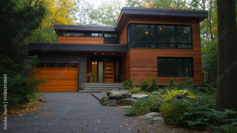 A modern home showcases a heat pump on its exterior, nestled within a forested area adorned with autumn foliage A modern home showcases a heat pump on its exterior, nestled within a forested area adorned with autumn foliage