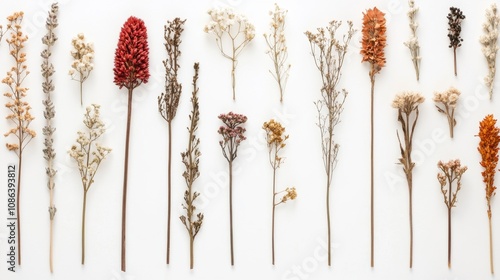 Flat lay of various dried wildflowers arranged on a white background, showcasing natural textures, minimalism, and botanical beauty.