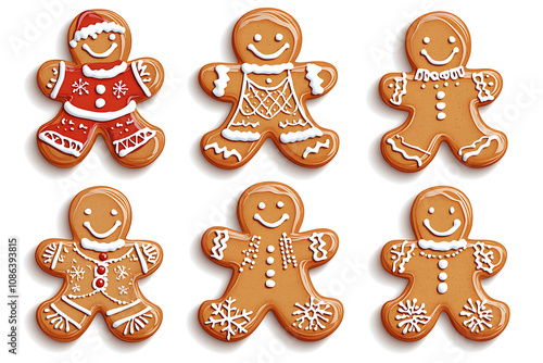 Six decorated gingerbread cookies in festive shapes and designs.