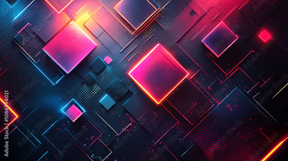 Glowing neon squares on dark textured background for modern design projects, technology concepts, abstract backgrounds, and vibrant digital creations. Generated AI Glowing neon squares on dark textured background for modern design projects, technology concepts, abstract backgrounds, and vibrant digital creations. Generated AI