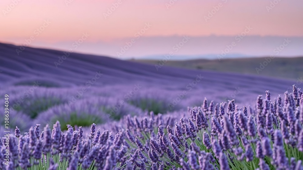 Obraz premium Rolling hills of purple lavender stretching towards the horizon as the day comes to a close, serene atmosphere, natural scenery