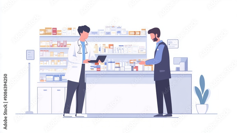 Fototapeta premium Pharmacy Interior Illustration: Customer and Pharmacist Interaction