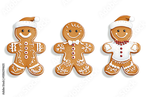Three decorated gingerbread cookies in festive attire for holiday celebrations.