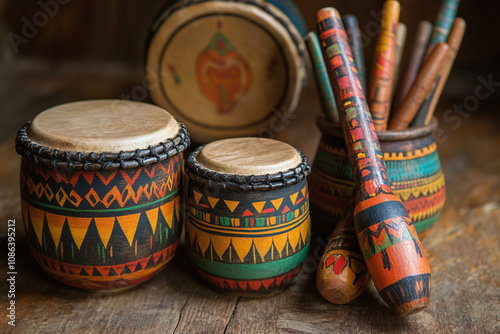 Artisan percussion instruments with folk art designs. photo