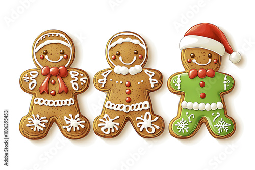 Three decorated gingerbread cookies in festive designs.