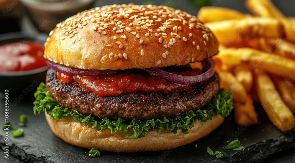 Juicy beef burger with red onion, lettuce, and ketchup served with french fries. Juicy beef burger with red onion, lettuce, and ketchup served with french fries.