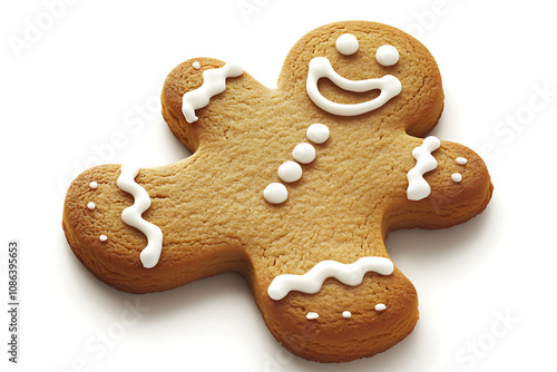 A decorated gingerbread cookie shaped like a person, featuring icing details.