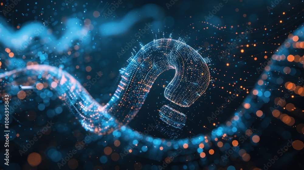A question mark made of glowing particles and light trails on a dark blue background with a blurred out wave of lights. A question mark made of glowing particles and light trails on a dark blue background with a blurred out wave of lights.
