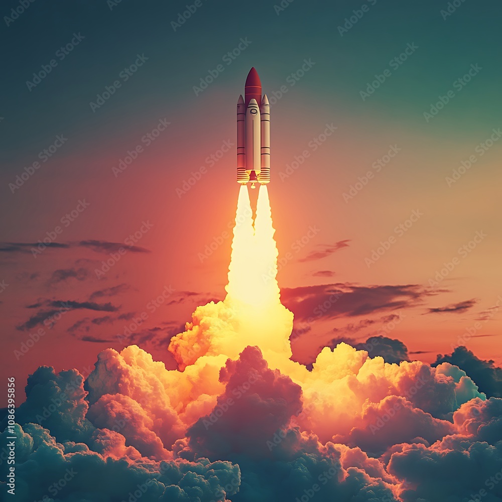 Naklejka premium Pop art rocket ascent against radiant sunset lit sky image