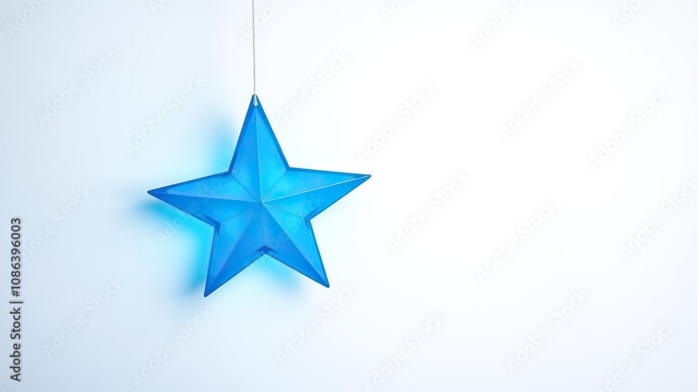 Fototapeta premium Vibrant blue star suspended against a crisp white canvas with an aura of soft luminescence, luminous, universe