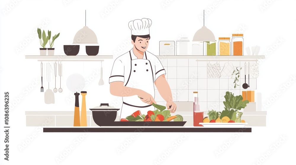 Chef Preparing a Healthy Vegetable Dish in a Modern Kitchen Chef Preparing a Healthy Vegetable Dish in a Modern Kitchen