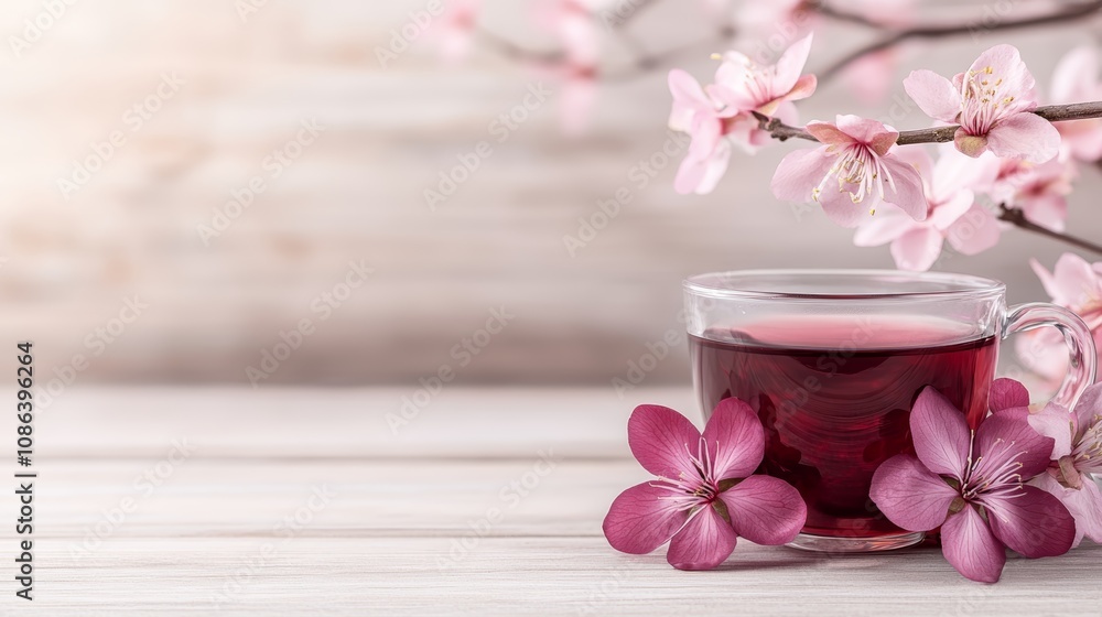 Tranquil tea time, pink flowers adorn a cup, creating serene and aromatic infusion experience Tranquil tea time, pink flowers adorn a cup, creating serene and aromatic infusion experience