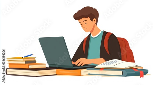 Student Focused on Learning with Laptop and Books