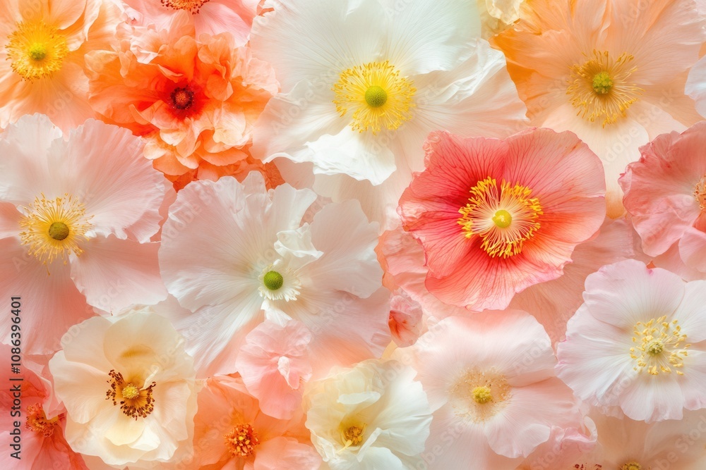 Close-up of delicate, pale pink, peach, and white poppy blossoms. Close-up of delicate, pale pink, peach, and white poppy blossoms.