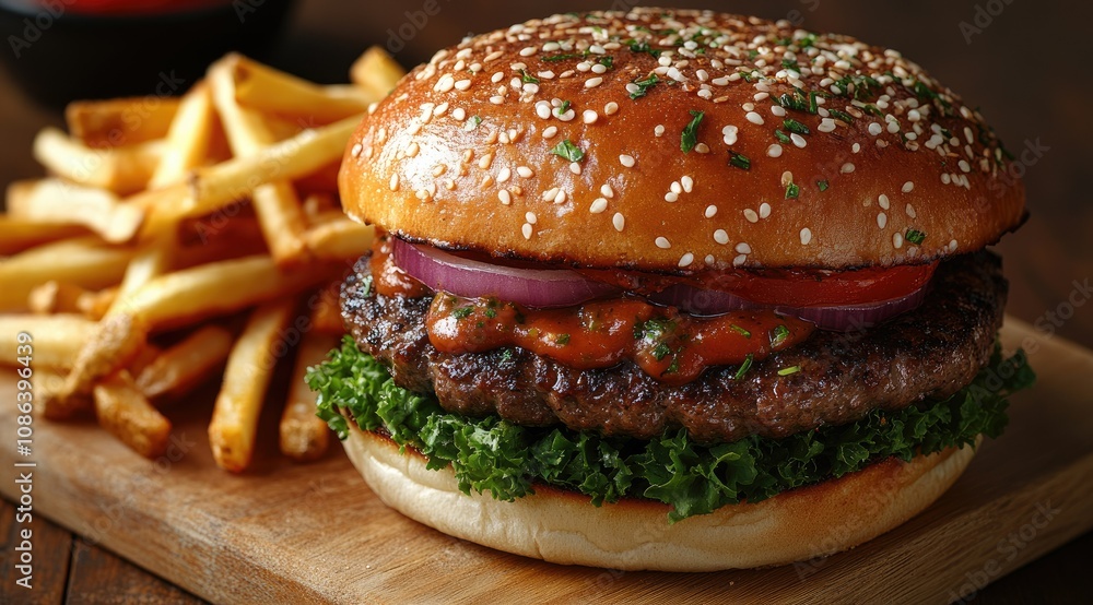 Juicy burger with sesame seed bun, lettuce, red onion, tomato, and special sauce served with french fries on wooden board. Juicy burger with sesame seed bun, lettuce, red onion, tomato, and special sauce served with french fries on wooden board.