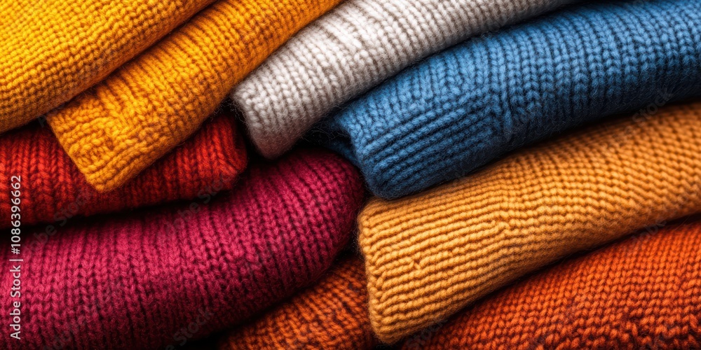 Warm and Cozy Collection of Colorful Knit Sweaters Piled Together, Showcasing Textures and Hues of Orange, Yellow, Blue, and Red for Autumn and Winter Fashion Warm and Cozy Collection of Colorful Knit Sweaters Piled Together, Showcasing Textures and Hues of Orange, Yellow, Blue, and Red for Autumn and Winter Fashion