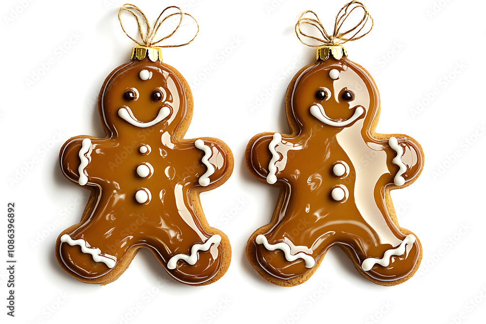 Two decorated gingerbread cookies shaped like cheerful gingerbread men. Two decorated gingerbread cookies shaped like cheerful gingerbread men.