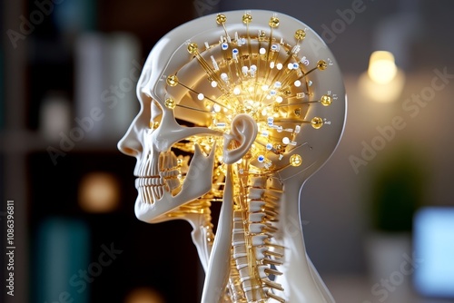 3D digital rendering of acupuncture needles aligned on a model of the human body with labeled meridian points