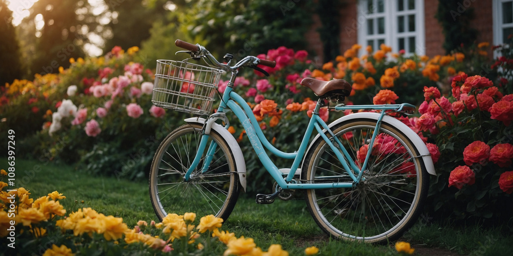 Fototapeta premium Bicycle with Flower Basket in a Colorful Garden