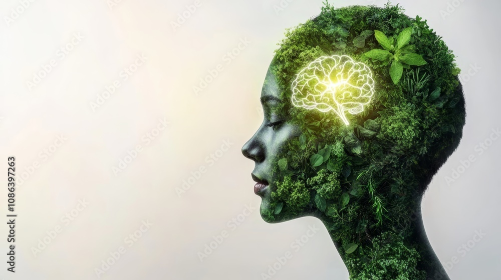 Obraz premium Woman's head with a green brain, surreal visualization of psychology, creativity, and intelligence