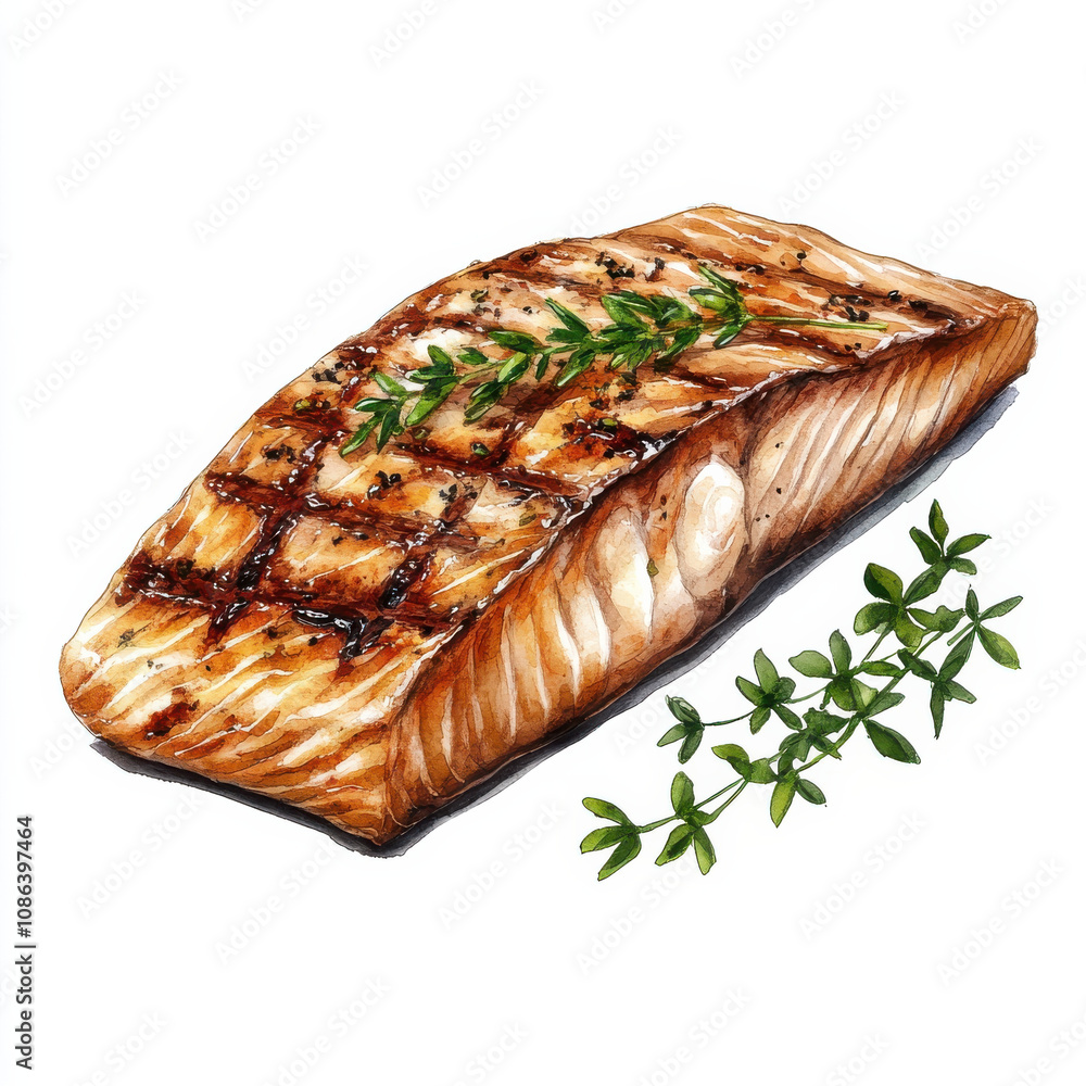 Grilled fish steak with herbs, showcasing delicious and appetizing dish