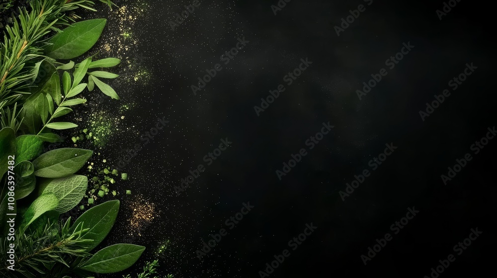 Lush green leaves on black, a striking contrast in nature photography for modern design and wallpaper Lush green leaves on black, a striking contrast in nature photography for modern design and wallpaper