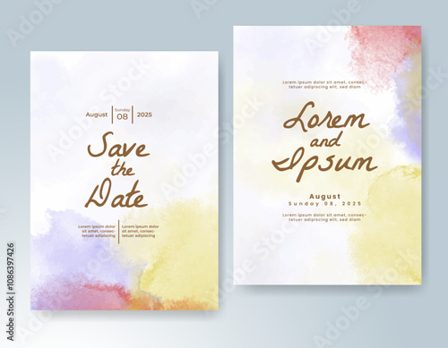 Wedding card invitation template with hand painted watercolor splash