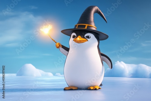 Cute Penguin Wizard with Magic Wand on Snowy Landscape. photo