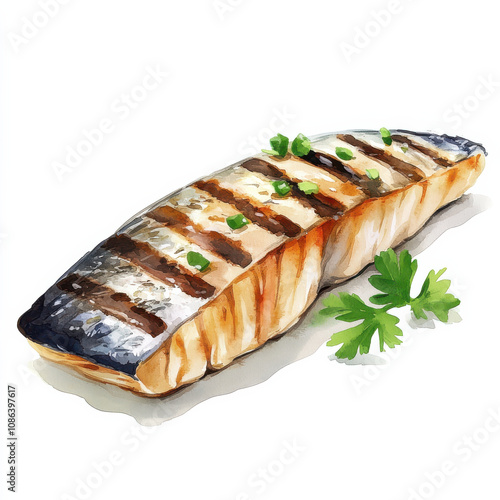 Grilled mackerel steak with herbs, beautifully illustrated in watercolor