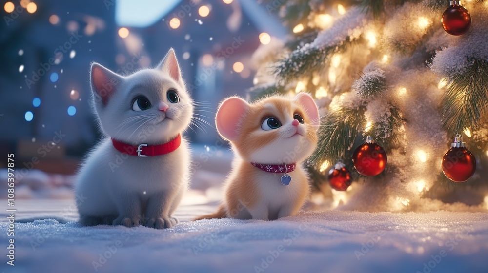 Obraz premium Adorable Kitten and Mouse Celebrating Christmas Under a Sparkling Tree
