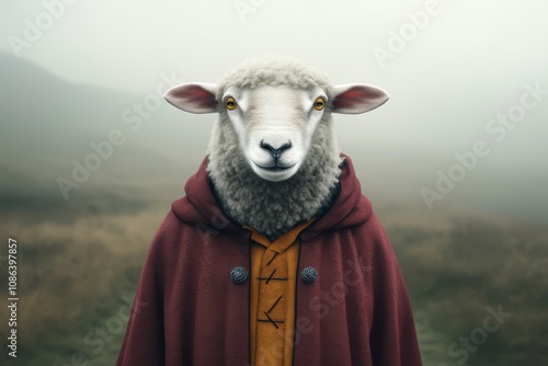 Sheep in a Hooded Cloak in Misty Landscape photo