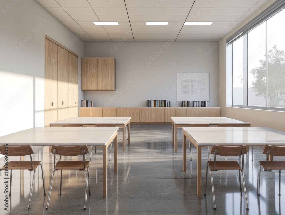 Empty classroom with wooden tables, chairs, and cabinets with sunlight streaming through windows. Empty classroom with wooden tables, chairs, and cabinets with sunlight streaming through windows.