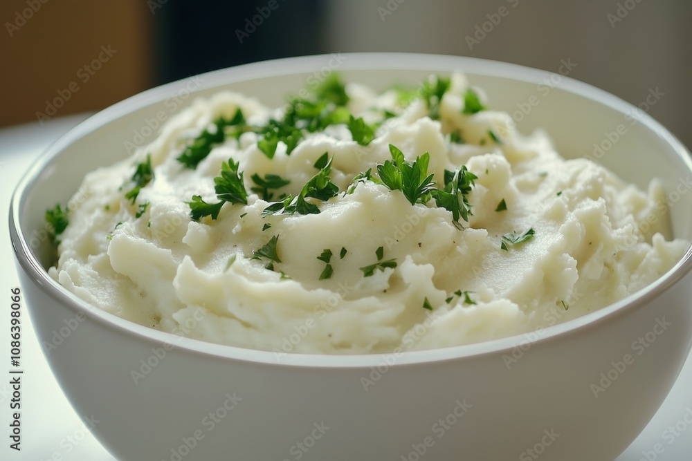 A bowl of creamy mashed potatoes garnished with fresh parsley sits on a white table, inviting you to enjoy a classic comfort food dish A bowl of creamy mashed potatoes garnished with fresh parsley sits on a white table, inviting you to enjoy a classic comfort food dish
