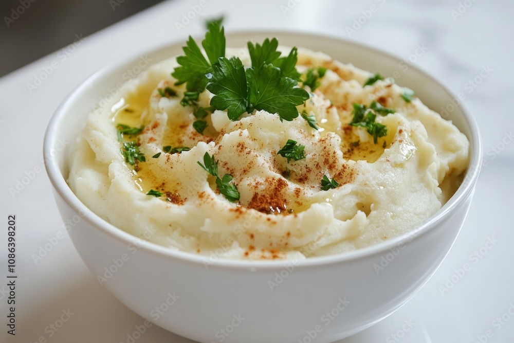 A bowl of creamy mashed potatoes with parsley served on a white table perfect for any meal or gathering A bowl of creamy mashed potatoes with parsley served on a white table perfect for any meal or gathering