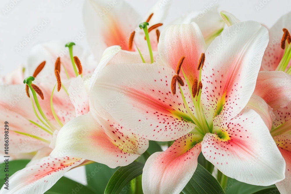 Close-up of white lilies with pink speckles. Close-up of white lilies with pink speckles.
