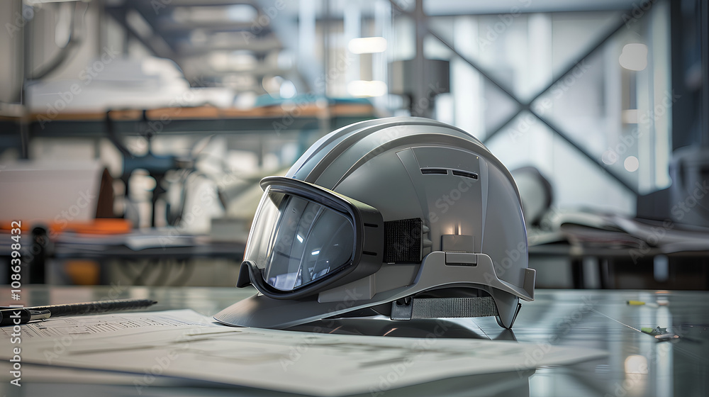 A safety helmet and goggles on a desk with technical drawings and engineering instruments in the background A safety helmet and goggles on a desk with technical drawings and engineering instruments in the background
