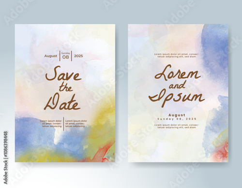 Wedding card invitation template with hand painted watercolor splash