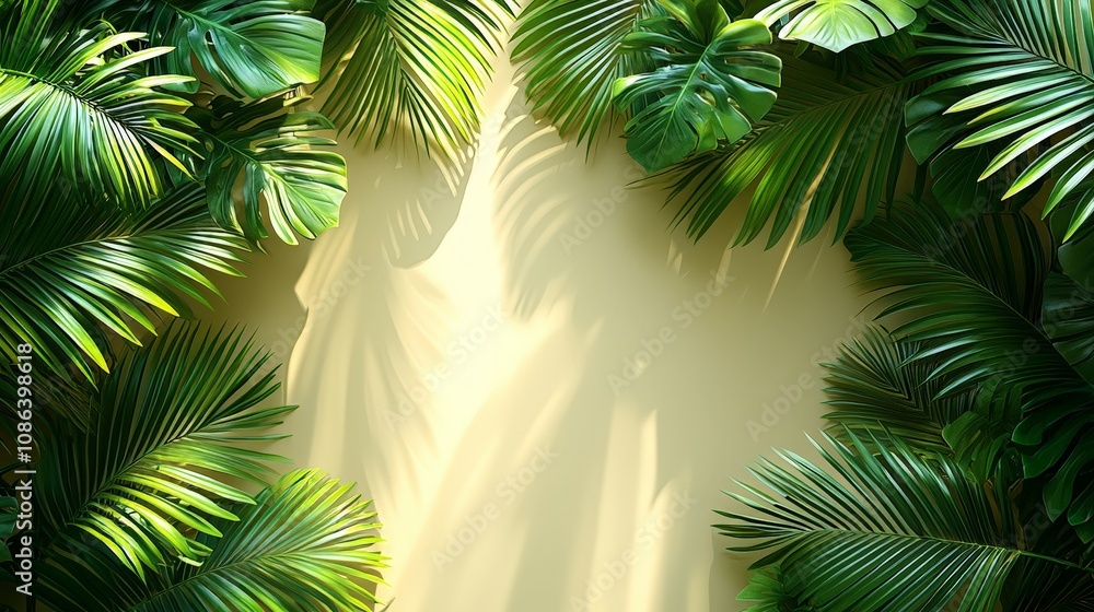 Lush green palm leaves framing a light background, creating a tropical ambiance. Lush green palm leaves framing a light background, creating a tropical ambiance.