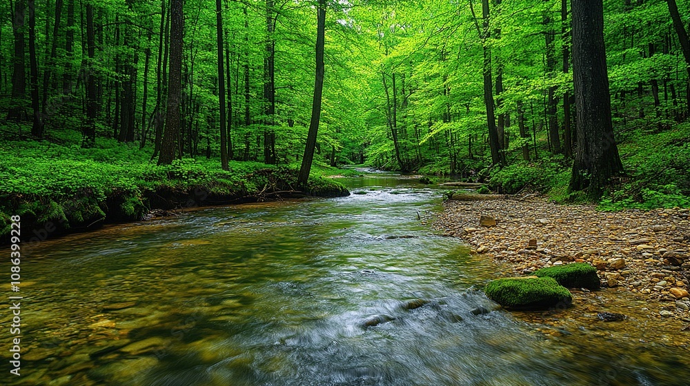 Obraz premium A serene forest scene with a flowing river surrounded by lush green trees.