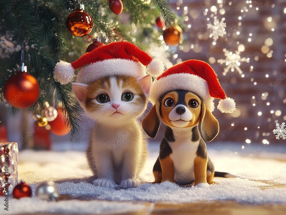 Adorable Kitten and Puppy in Santa Hats Under Christmas Tree Adorable Kitten and Puppy in Santa Hats Under Christmas Tree